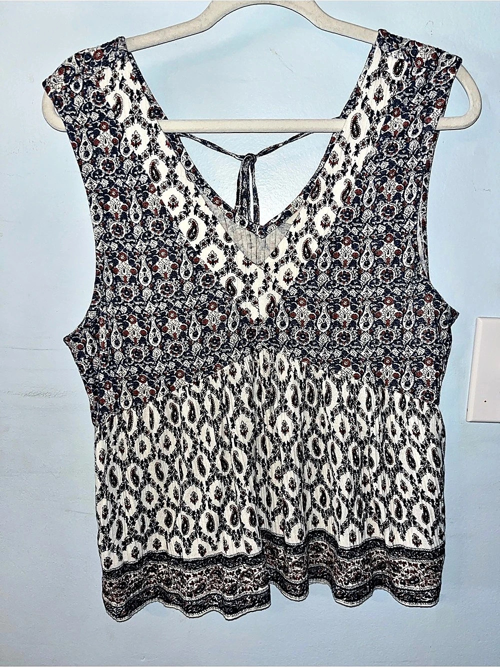 Lucky Brand Paisley Mixed Print Tiered Tank Top Blue & White Medium